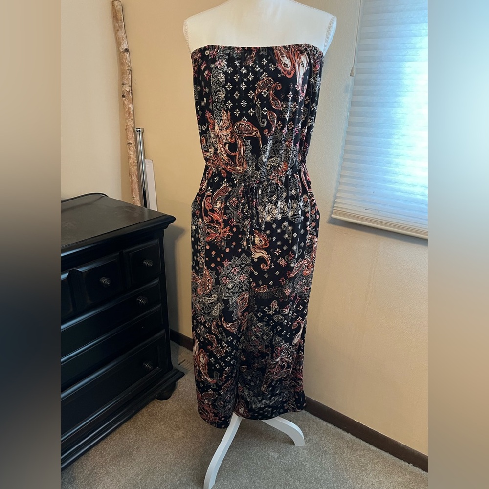 Maurices Black and Red Strapless Paisley Jumpsuit
